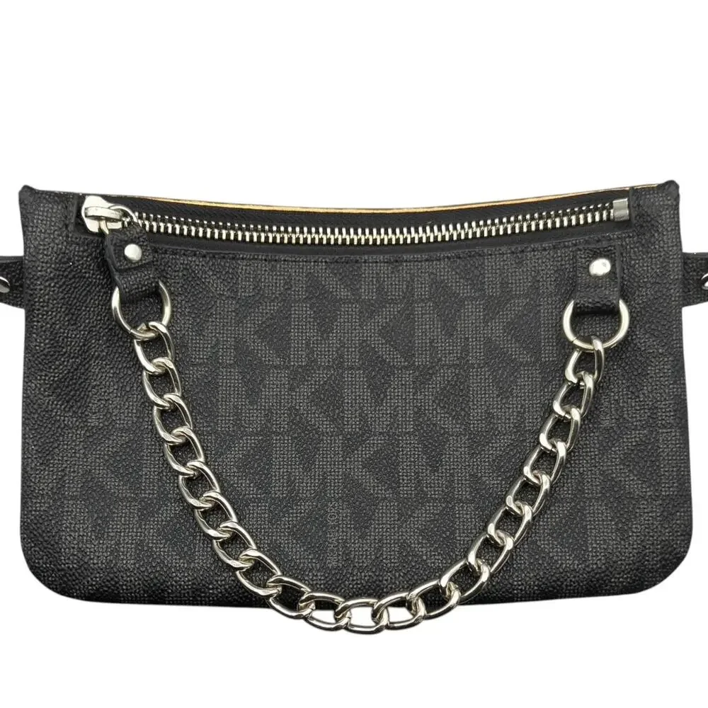 Michael Kors Fanny Jet Set MK Signature Pull Chain Zipper Black Adjustable Strap - Picture 3 of 7